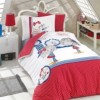 Lenjerie de pat 1 persoană roșie cu design vesel, din bumbac 100% poplin, set de 3 piese