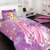 Lenjerie de pat 1 persoană mov și roz cu design prințesă și flori, ambalată în cutie elegantă