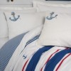 Set lenjerie de pat 1 persoană Brine Ecru Cotton Box din bumbac 100 % ranforce, dungi bleu-navy/roșu și ancore