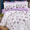 Lenjerie pat 1 persoana TAC Mako Satin Claude Lila cu flori de primavara multicolore si cearceaf lila pastel