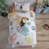 Lenjerie pat 1 persoana Paradise, bumbac ranforce, model cu tucan si flori tropicale pentru copii