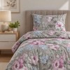 lenjerie pat 1 persoana Davida Gri bumbac ranforce cu elastic bujori roz si flori bleu First Choice