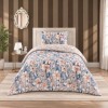 lenjerie pat 1 persoana Joly Blue bumbac ranforce cu elastic flori bej crem si somon pe fundal albastru First Choice