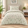 lenjerie pat 1 persoana Nevada Mint bumbac ranforce cu elastic floricele albe si roz pe fundal verde menta First Choice