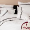 Lenjerie de pat brodată din bumbac 100% ranforce, 8 piese, alb cu accente mov, broderii liniare elegante