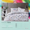 Lenjerie de pat model hexagonal geometric în nuanțe de albastru, portocaliu și gri pe fundal alb, pat dublu, din bumbac 100% ranforce, Tac Sana