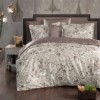 Lenjerie de pat La Romano Kiana Wooden bumbac satinat 300 TC model floral bej maro cu flori crem