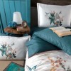 Lenjerie de pat premium satin La Romano First Choice Nadia Tapestry cu imprimeu cu frunze si pasari in nuante verde petrol