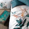 Lenjerie de pat premium satin La Romano First Choice Nadia Tapestry cu imprimeu cu frunze si pasari in nuante verde petrol