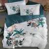 Lenjerie de pat premium satin La Romano First Choice Nadia Tapestry cu imprimeu cu frunze si pasari in nuante verde petrol