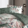 Lenjerie de pat premium satin La Romano Renata Green cu imprimeu frunze si flori in nuante verzi si pastel