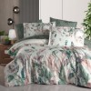 Lenjerie de pat premium satin La Romano Renata Green cu imprimeu frunze si flori in nuante verzi si pastel