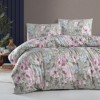 Lenjerie de pat Davida Gri, design floral pastelat in nuante de roz si mov, din bumbac 100% ranforce, 4 piese, cearsaf cu elastic, saltele 140x200 cm și 160x200 cm si 2 cearsafuri pilota