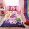 Lenjerie de pat Disney Tac Rapunzel, imprimeu colorat roz mov galben, 3 piese, bumbac, cearceaf elastic, fata perna, cearceaf pilota