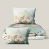 Lenjerie pat dublu 3D Paste bumbac 100% ranforce Romeo floral verde pastel cu iepurasi imprimeu digital