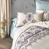 Lenjerie de pat dublu bumbac 100% ranforce cu design brodat crem și albastru, set de 6 piese