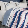 Lenjerie de pat dublu bumbac 100% ranforce, Cotton Box Brine Ecru, cu imprimeu marin în dungi albastre și roșii și broderii cu ancore albastre
