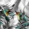 Lenjerie de pat cu design exotic de fluturi colorați în nuanțe de verde și portocaliu printre frunze gri pe fundal alb