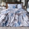 Lenjerie de pat dublu din bumbac 100% ranforce cu design patchwork în nuanțe de albastru și gri, motive florale și carouri