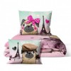 Lenjerie de pat dublu bumbac 100% Ranforce, design romantic cu câini pug și text 