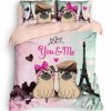 Lenjerie de pat dublu bumbac 100% Ranforce, design romantic cu câini pug și text 