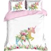 Lenjerie de pat Club Cotton Unicorn din bumbac 100% ranforce, design unicorn multicolor și flori pastelate pe fundal alb și lenjerii roz
