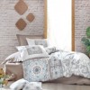 Lenjerie de pat dublu bumbac 100% Ranforce Bianna Beige cu design mandala în nuanțe de albastru și maro