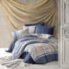 Lenjerie de pat dublu bumbac 100% ranforce cu design floral și dungi în nuanțe de albastru închis și bej, set de 4 piese