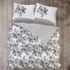 Lenjerie pat dublu bumbac 100% ranforce Cotton Box Volante Grey, design floral elegant în gri și alb.