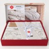 Lenjerie pat dublu Cotton Box Moil Bej din bumbac 100% ranforce, cu cearsaf elastic si model abstract cu cercuri bej si gri