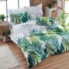 Lenjerie de pat Nui Green din bumbac 100% ranforce, brand Enlora Home, cu design tropical în nuanțe de verde și alb, ideală pentru un decor revigorant și modern.