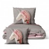 Lenjerie de pat dublu bumbac 100% ranforce Sweety roz-gri cu design unicorn și flori