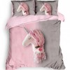 Lenjerie de pat dublu bumbac 100% ranforce Sweety roz-gri cu design unicorn și flori