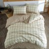 Lenjerie pat dublu bumbac ranforce cu elastic Kare bej Cozy Home cu carouri crem