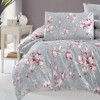Lenjerie pat dublu bumbac 100% ranforce Marea Powder cu magnolii roz pe fundal gri