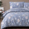 Lenjerie pat dublu bumbac 100% ranforce Ibiza indigo cu flori si pasari