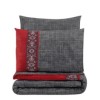 Lenjerie de pat din bumbac 100% ranforce, din colecția Folk Art, cu design bicolor roșu și gri, decorată cu broderii în stil folk art.