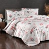 Lenjerie pat Karen Berry First Choice din bumbac 100% ranforce cu elastic si imprimeu floral roz corai pe fundal alb