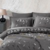 Lenjerie pat dublu poplin fin cu broderie frunze Lidia gri