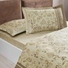 Lenjerie pat dublu TAC Fleur Bej Mako Satin cu imprimeu floral bej taupe maro si accente aurii