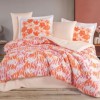 Lenjerie pat dublu Penny coral Hobby Home poplin percale cu imprimeu floral abstract coral si portocaliu
