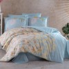 Lenjerie pat poplin percale Hobby Home, model Hello Spring, cu design floral vesel în nuanțe de albastru și galben pastel