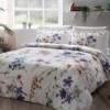 Lenjerie de pat dublu din satin alb, model Lizzo, cu imprimeu digital cu flori multicolore