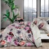 Lenjerie de pat TAC Selva Bej cu imprimeu floral digital bej și multicolor pe bumbac 100% satinat mercerizat, include cearceaf de pat, husă de pilotă și fețe de pernă