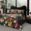 Lenjerie de pat dublu din satin verde cu flori și imprimeu digital, model Seraphina