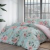 Lenjerie de pat satin de lux cu flori în nuanțe de roz, portocaliu și galben pe fundal verde pastel TAC Huron