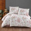 lenjerie pat dublu Tegan Powder bumbac ranforce ramuri cu frunze verzi si bobite roz First Choice