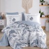 Lenjerie pat dublu Tiffany Denim Hobby Home poplin percale model botanic albastru cu frunze stilizate