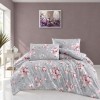 Lenjerie de pat gri cu magnolii Marea, bumbac 100%, 4 piese, cearșaf elastic, saltele 140x200 cm și 160x200 cm, design floral elegant roz