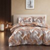 Lenjerie de pat maro cu model zig zag RAYCE, bumbac 100%, 4 piese, cearșaf elastic, saltele 140x200 cm și 160x200 cm, design geometric maro, bej, alb